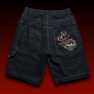 JNCO black denim flaming skull shorts